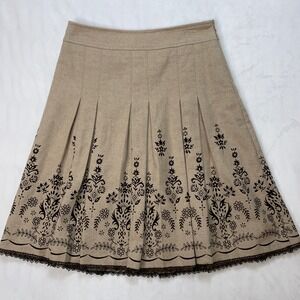 Suzuya‎ Skirt Womens Size M Beige Pleated Wool Blend Midi Floral Lace Trim Lined